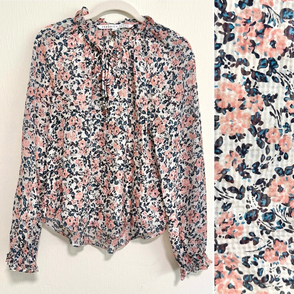 Veronica Beard Antonette Long Sleeve Silk Blouse 4 Floral Sheer Ruffle Feminine